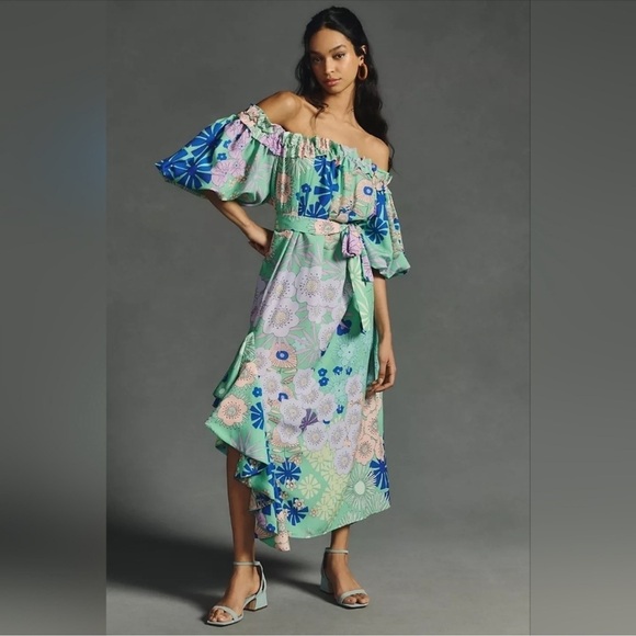 NWT Anthropologie x Oopscool Off-The-Shoulder Printed Dress, Size XS - Picture 1 of 10